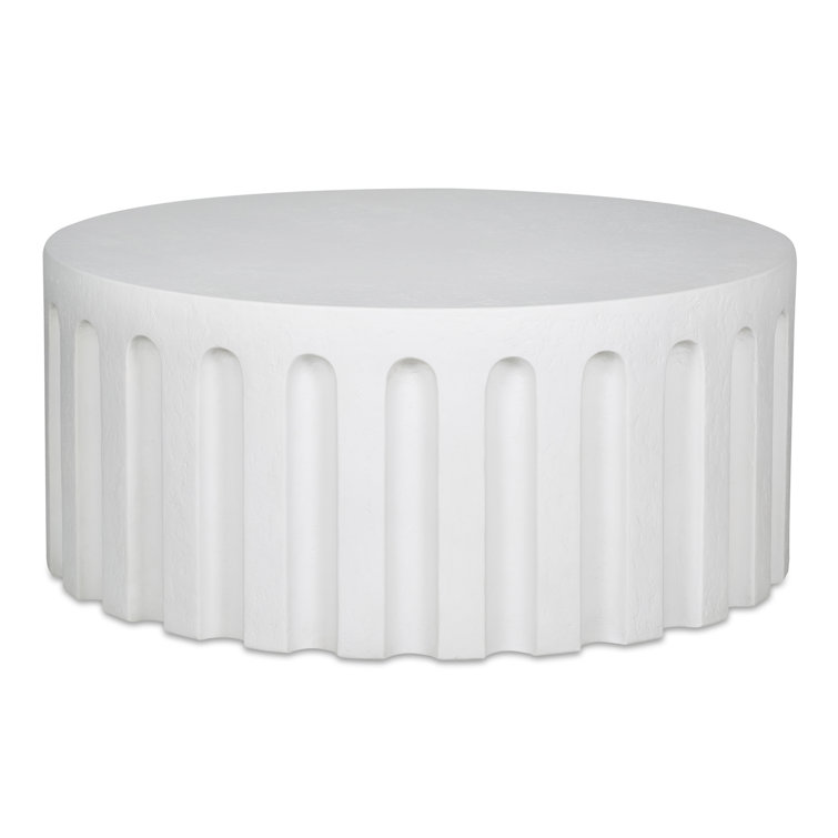 White Round Concrete Outdoor Coffee Table with Fluted Design
