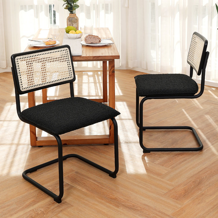 Black Boucle Upholstered Side Chair with Rattan Cane Back
