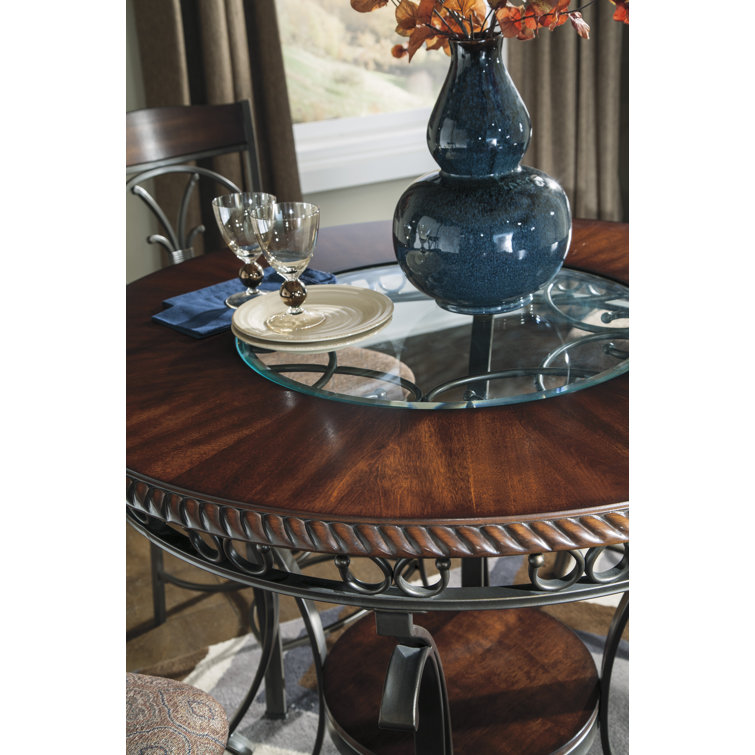 Industrial Earth-Toned 44" Round Glass & Wood Dining Table