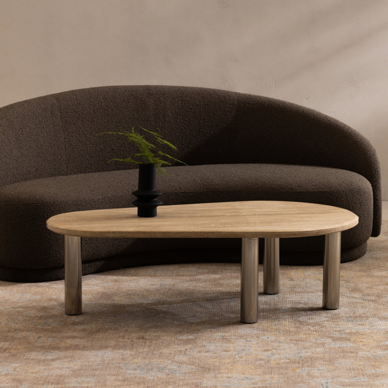 Beige Free Form Marble Top Coffee Table with Metal Legs