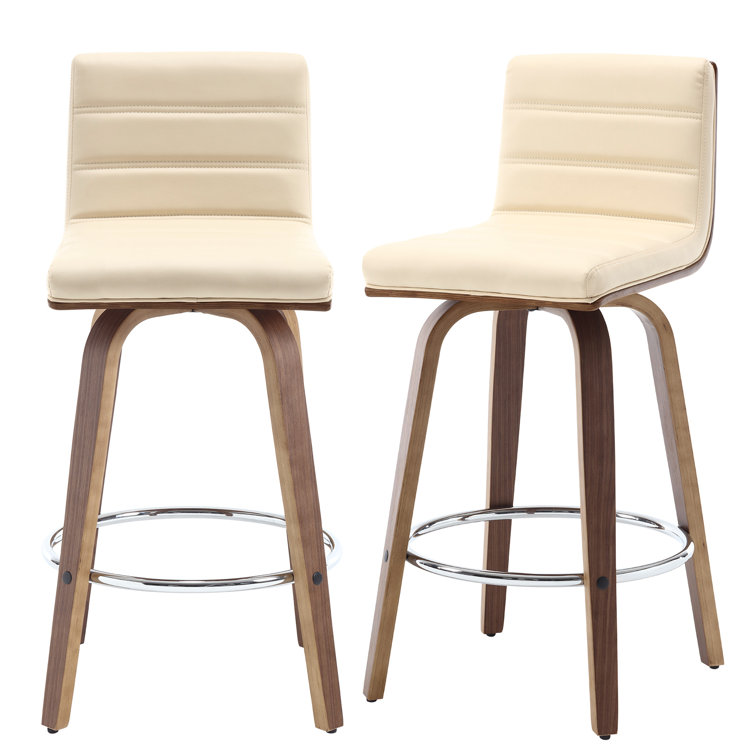 Beige Faux Leather Swivel Counter Stools with Walnut Legs, Set of 2