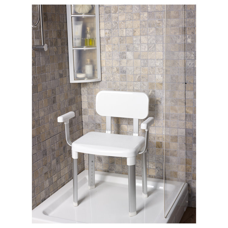 Adjustable White Plastic Shower Chair with Arms and Backrest