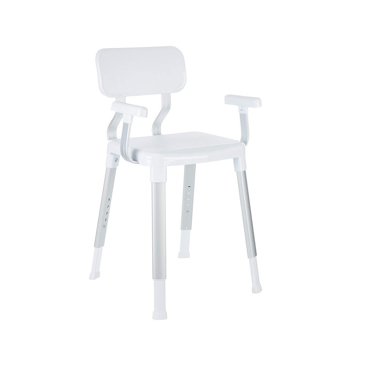 Adjustable White Plastic Shower Chair with Arms and Backrest