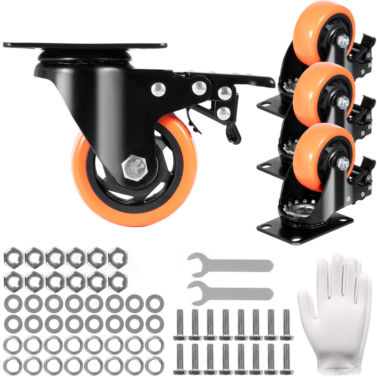 3-Inch Orange Polyurethane Swivel Plate Casters with Brakes, Set of 4