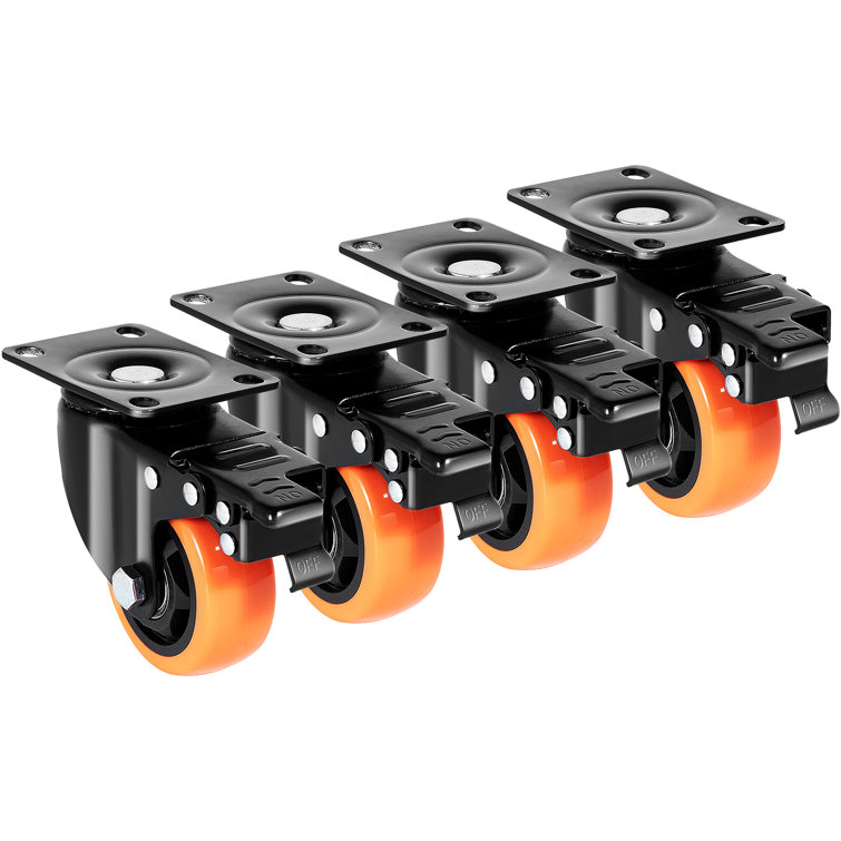 3-Inch Orange Polyurethane Swivel Plate Casters with Brakes, Set of 4
