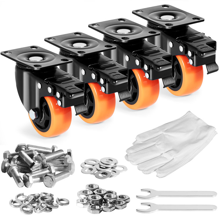 3-Inch Orange Polyurethane Swivel Plate Casters with Brakes, Set of 4