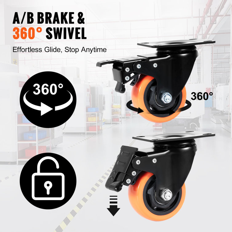 3-Inch Orange Polyurethane Swivel Plate Casters with Brakes, Set of 4