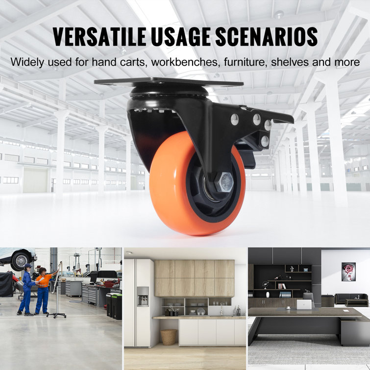 3-Inch Orange Polyurethane Swivel Plate Casters with Brakes, Set of 4
