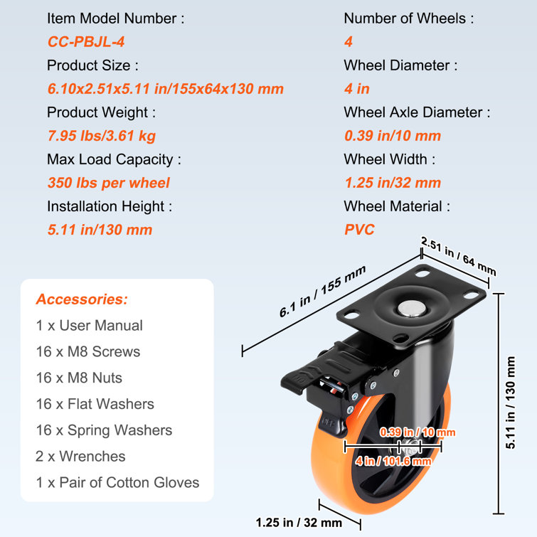 Heavy Duty 4-Inch Swivel Plate Casters with PVC Wheels