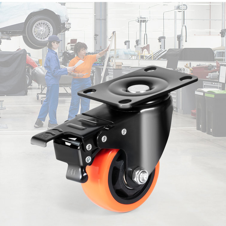 3-Inch Orange Polyurethane Swivel Plate Casters with Brakes, Set of 4