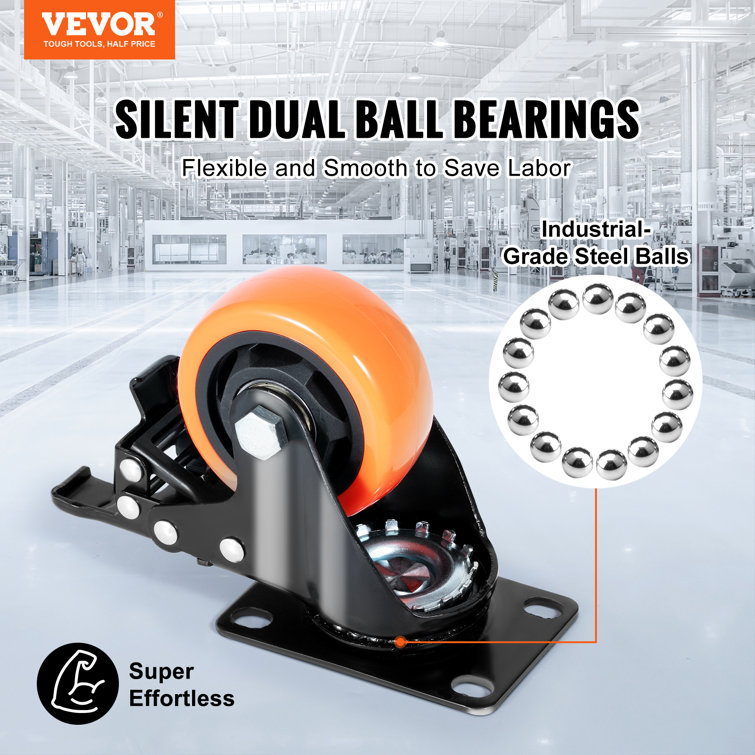 3-Inch Orange Polyurethane Swivel Plate Casters with Brakes, Set of 4