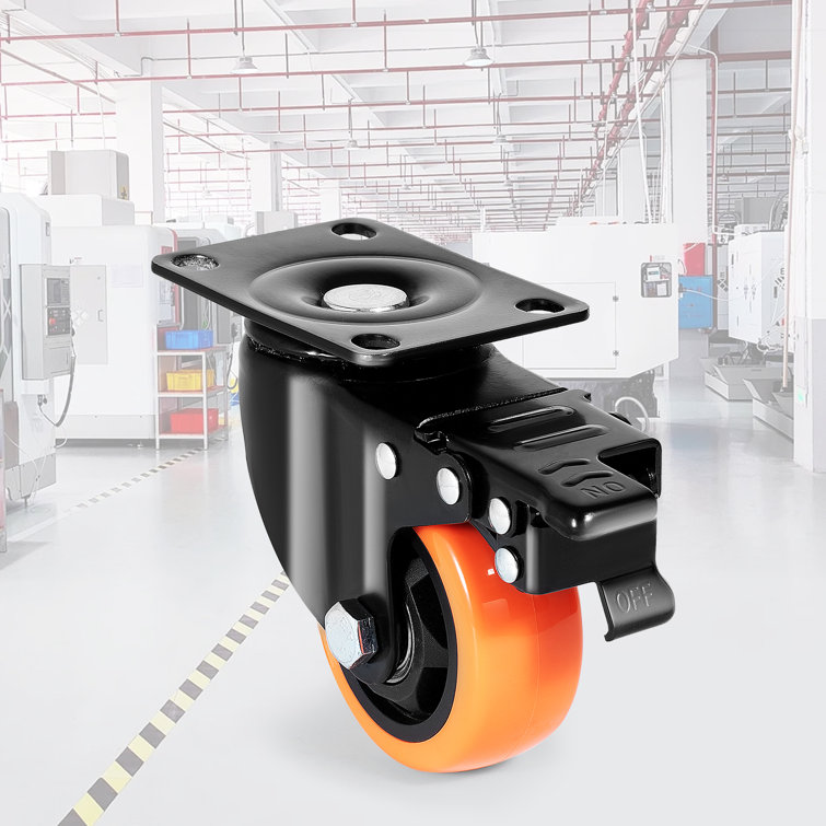 3-Inch Orange Polyurethane Swivel Plate Casters with Brakes, Set of 4