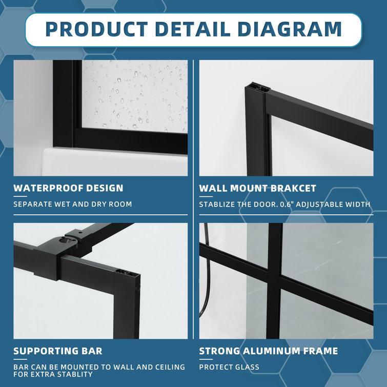34" x 72" Black Framed Clear Tempered Glass Shower Door