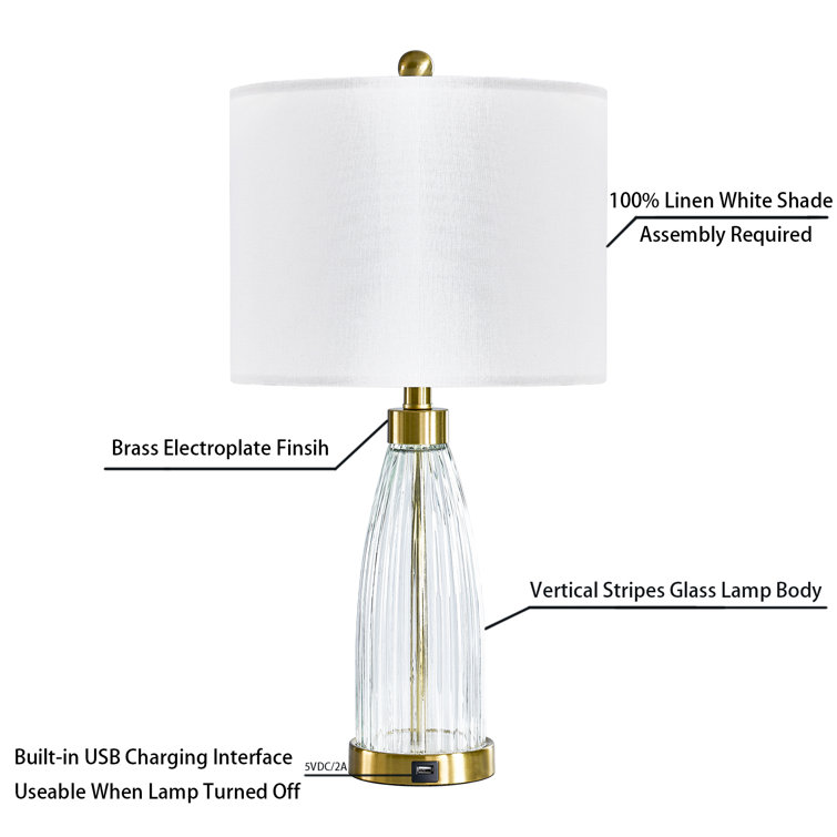Gold and Glass 25'' Table Lamp Set with USB Ports