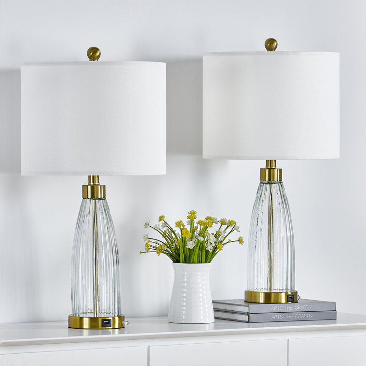 Gold and Glass 25'' Table Lamp Set with USB Ports