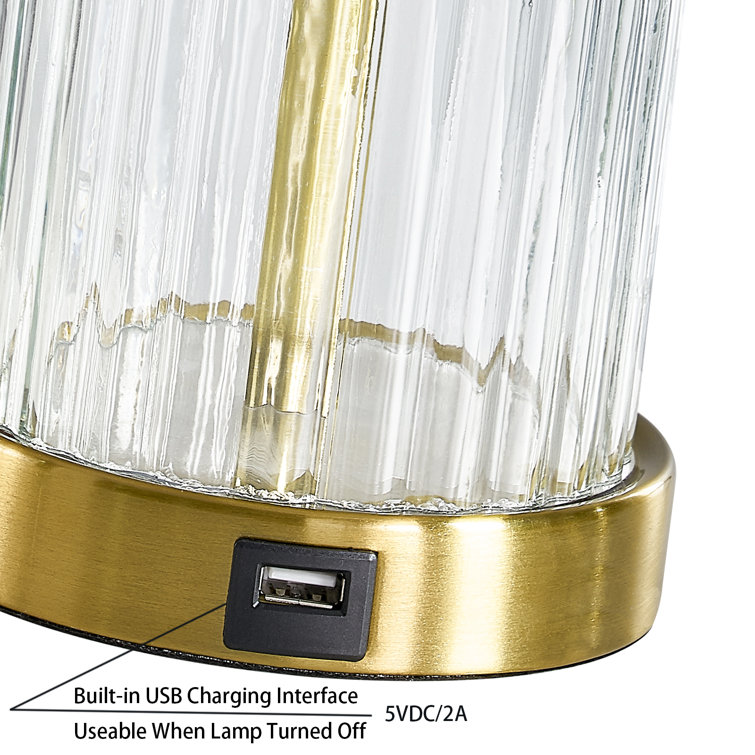 Gold and Glass 25'' Table Lamp Set with USB Ports