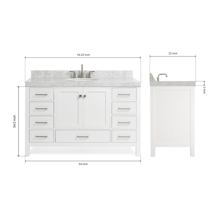 Cambridge 54" White Wood Freestanding Bathroom Vanity with Carrara Marble Top