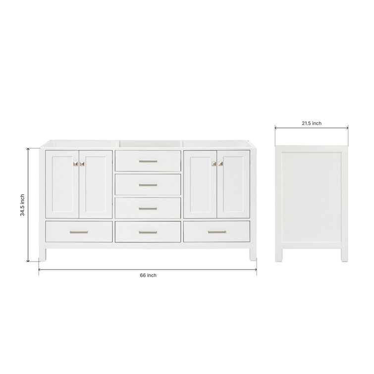 Cambridge 66" White Double Freestanding Vanity Cabinet with Brushed Nickel Hardware