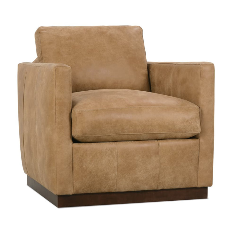 Butterscotch Genuine Leather Swivel Club Chair with Chocolate Wood Base