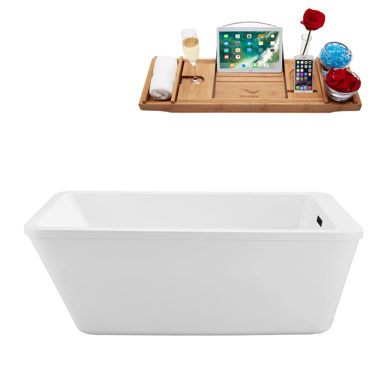 67" White Acrylic Freestanding Soaking Bathtub with Gold Hardware