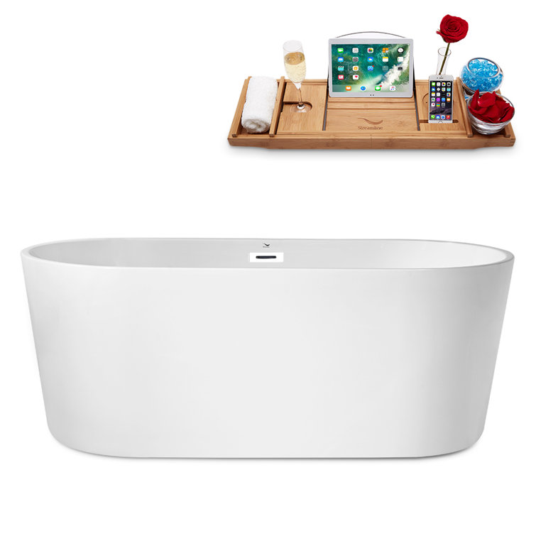 62" Glossy White Acrylic Freestanding Soaking Bathtub with Bamboo Tray