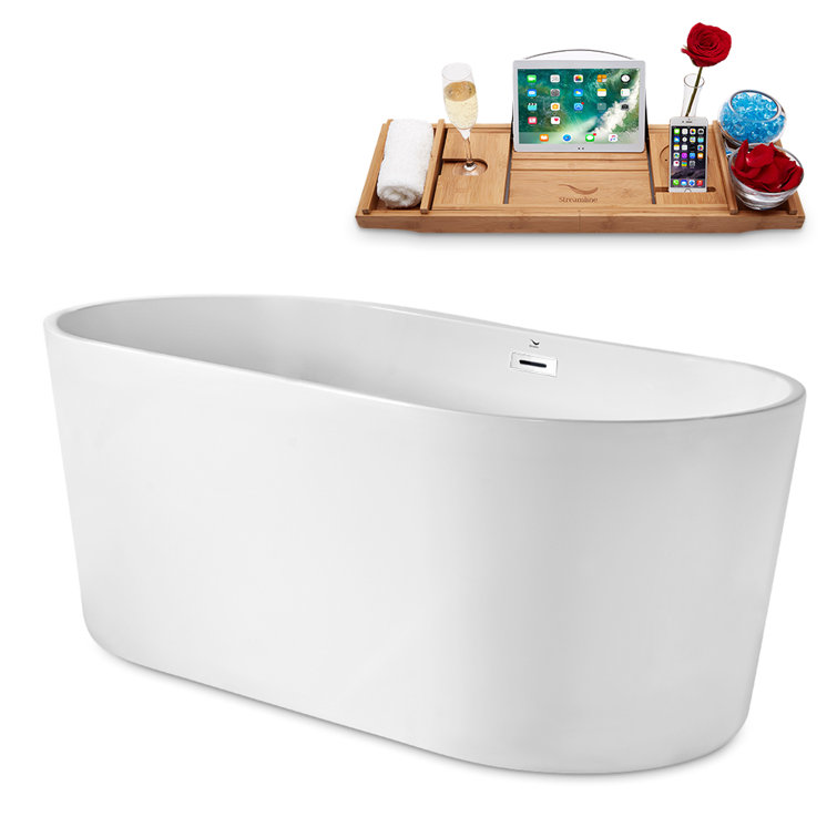 62" Glossy White Acrylic Freestanding Soaking Bathtub with Bamboo Tray