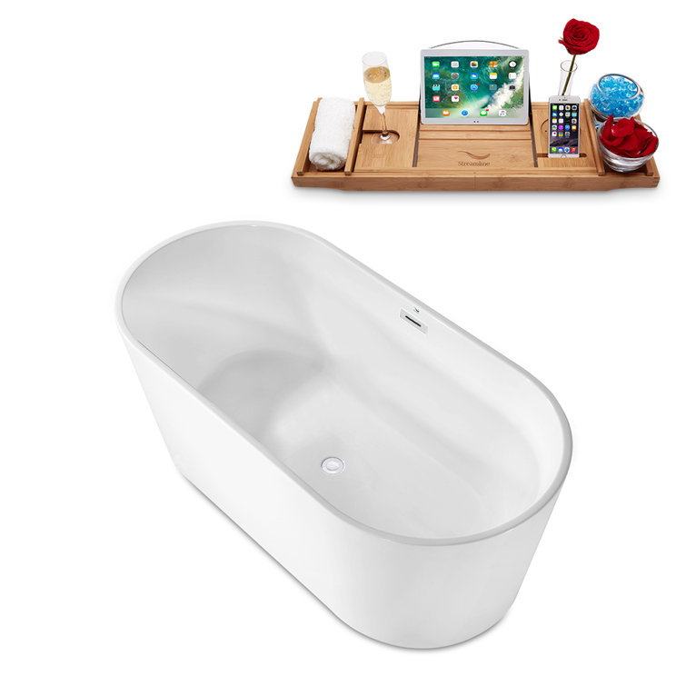 62" Glossy White Acrylic Freestanding Soaking Bathtub with Bamboo Tray