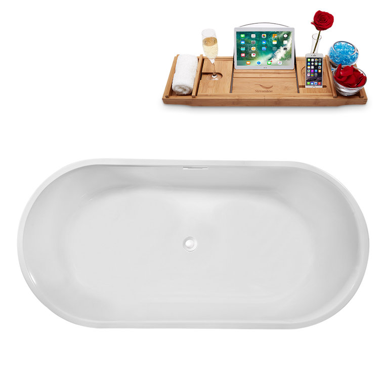 62" Glossy White Acrylic Freestanding Soaking Bathtub with Bamboo Tray