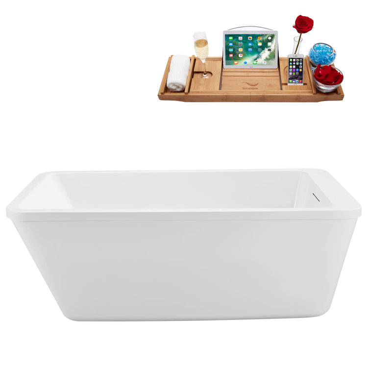 60'' Glossy White Acrylic Freestanding Bathtub with Polished Gold Drain
