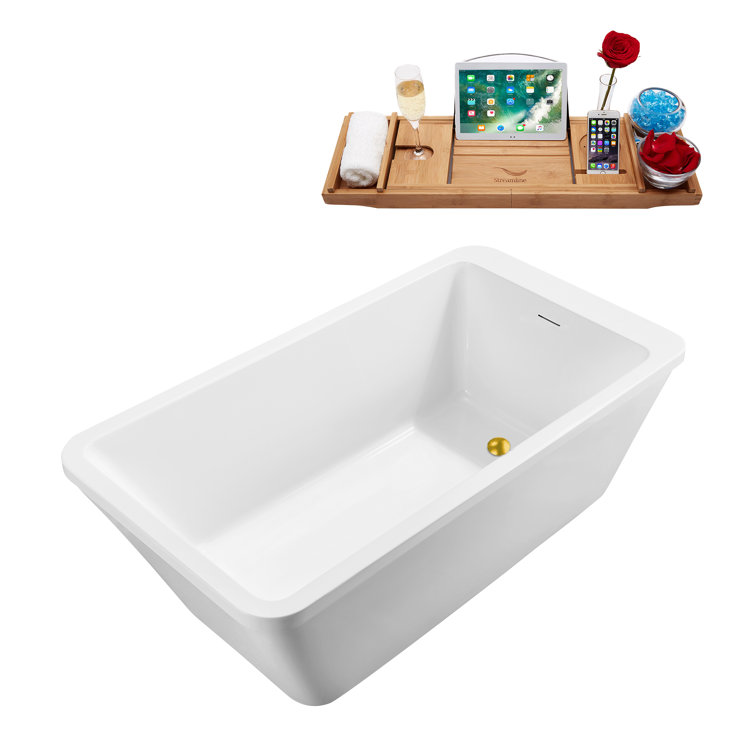 60'' Glossy White Acrylic Freestanding Bathtub with Polished Gold Drain