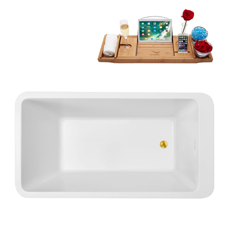 60'' Glossy White Acrylic Freestanding Bathtub with Polished Gold Drain