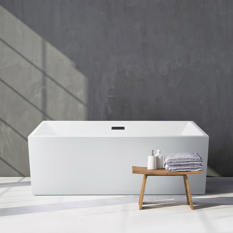 66" Glossy White Freestanding Acrylic Soaking Bathtub with Bamboo Tray