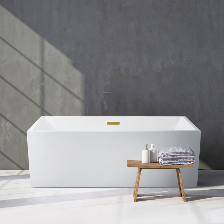 58" Glossy White Acrylic Freestanding Soaking Tub with Gold Trim