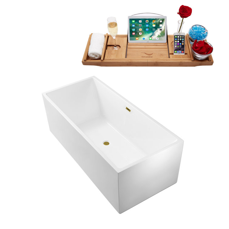 58" Glossy White Acrylic Freestanding Soaking Tub with Gold Trim