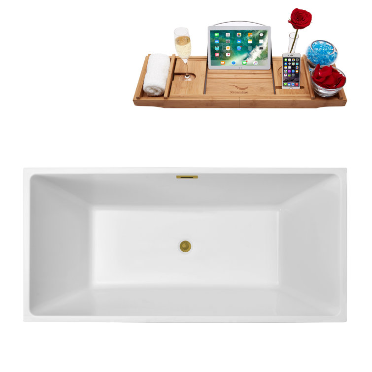 58" Glossy White Acrylic Freestanding Soaking Tub with Gold Trim