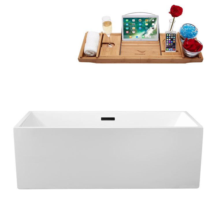 59" Glossy White Acrylic Freestanding Soaking Bathtub with Polished Gold Drain