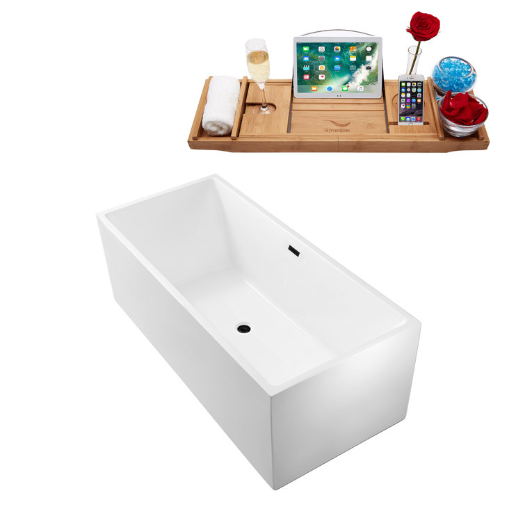 59" Glossy White Acrylic Freestanding Soaking Bathtub with Polished Gold Drain