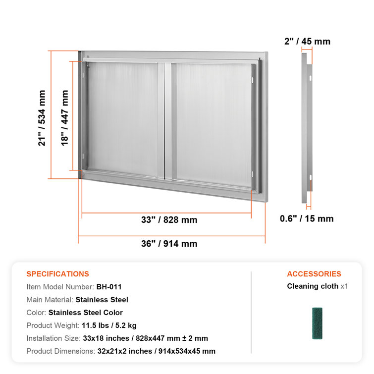 Stainless Steel Double Outdoor Kitchen Access Door 36x21 Inch