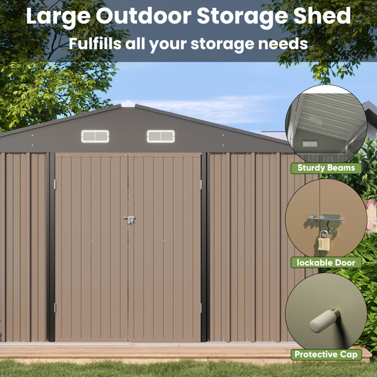10' x 10' Brown Metal Storage Shed with Black Peak Roof