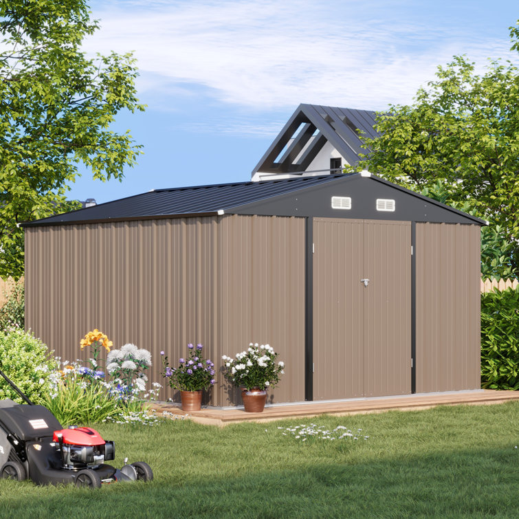 10' x 10' Brown Metal Storage Shed with Black Peak Roof
