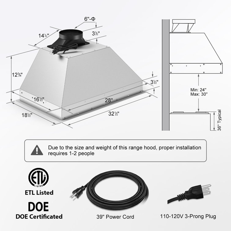 30" Stainless Steel Convertible Insert Range Hood with Charcoal Filter and LED Lights