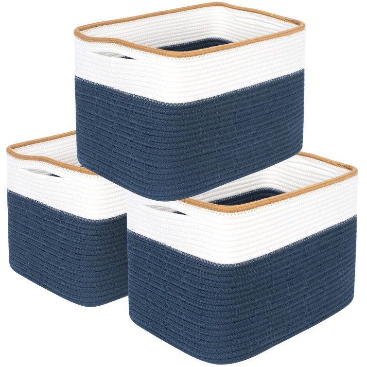 Prussian Blue and White Cotton Storage Bins Set of 3