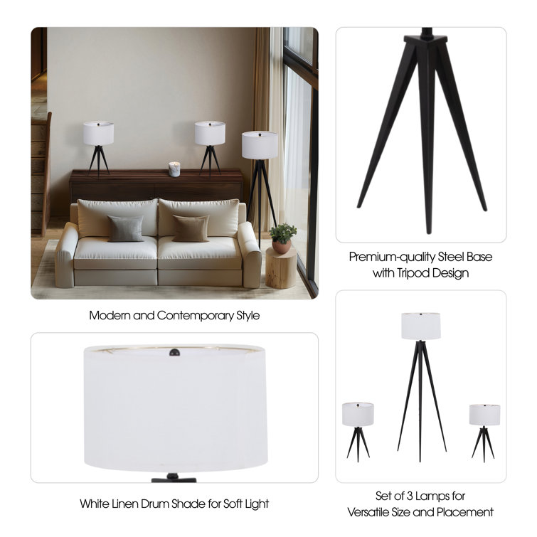 Sleek Black Metal Tripod Lamp Set of 3 with LED Bulbs