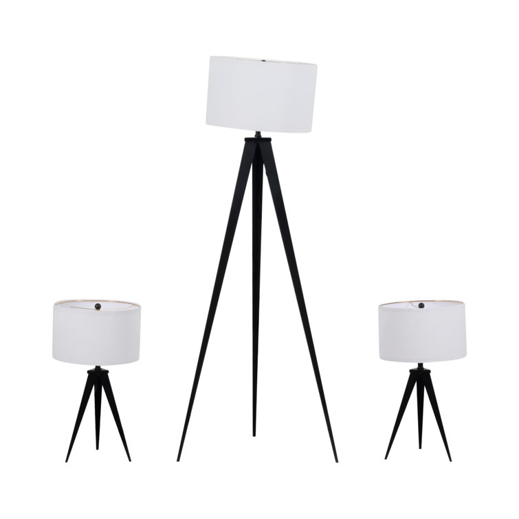 Sleek Black Metal Tripod Lamp Set of 3 with LED Bulbs