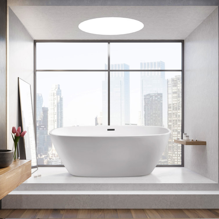 59" Glossy White Acrylic Freestanding Soaking Bathtub with Bamboo Tray