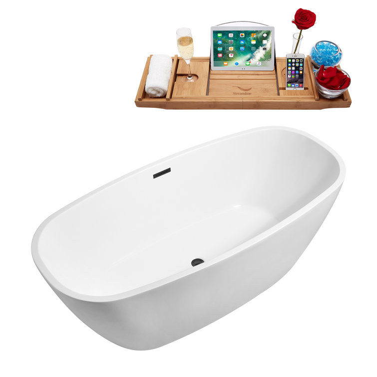 59" Glossy White Acrylic Freestanding Soaking Bathtub with Bamboo Tray