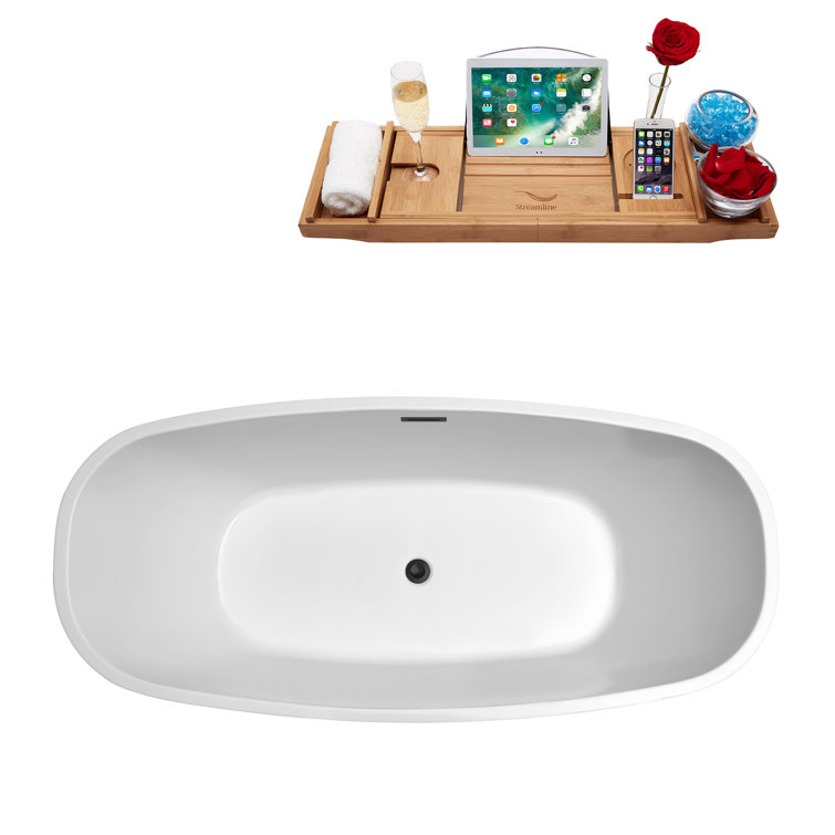 59" Glossy White Acrylic Freestanding Soaking Bathtub with Bamboo Tray
