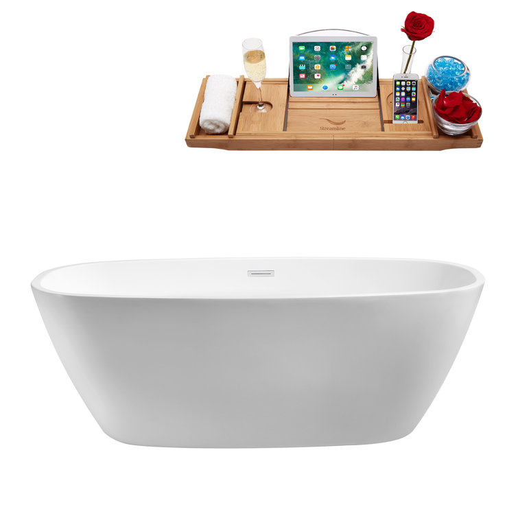 59'' Glossy White Freestanding Acrylic Bathtub with Gold Drain and Bamboo Tray
