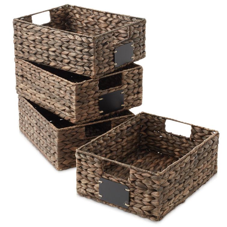 Espresso Water Hyacinth Woven Storage Baskets with Chalkboard Labels, Set of 4