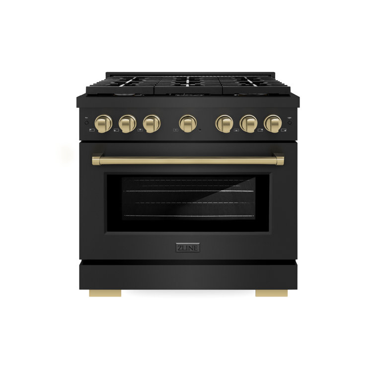 36" Black Stainless Steel Dual Fuel Range with Bronze Accents